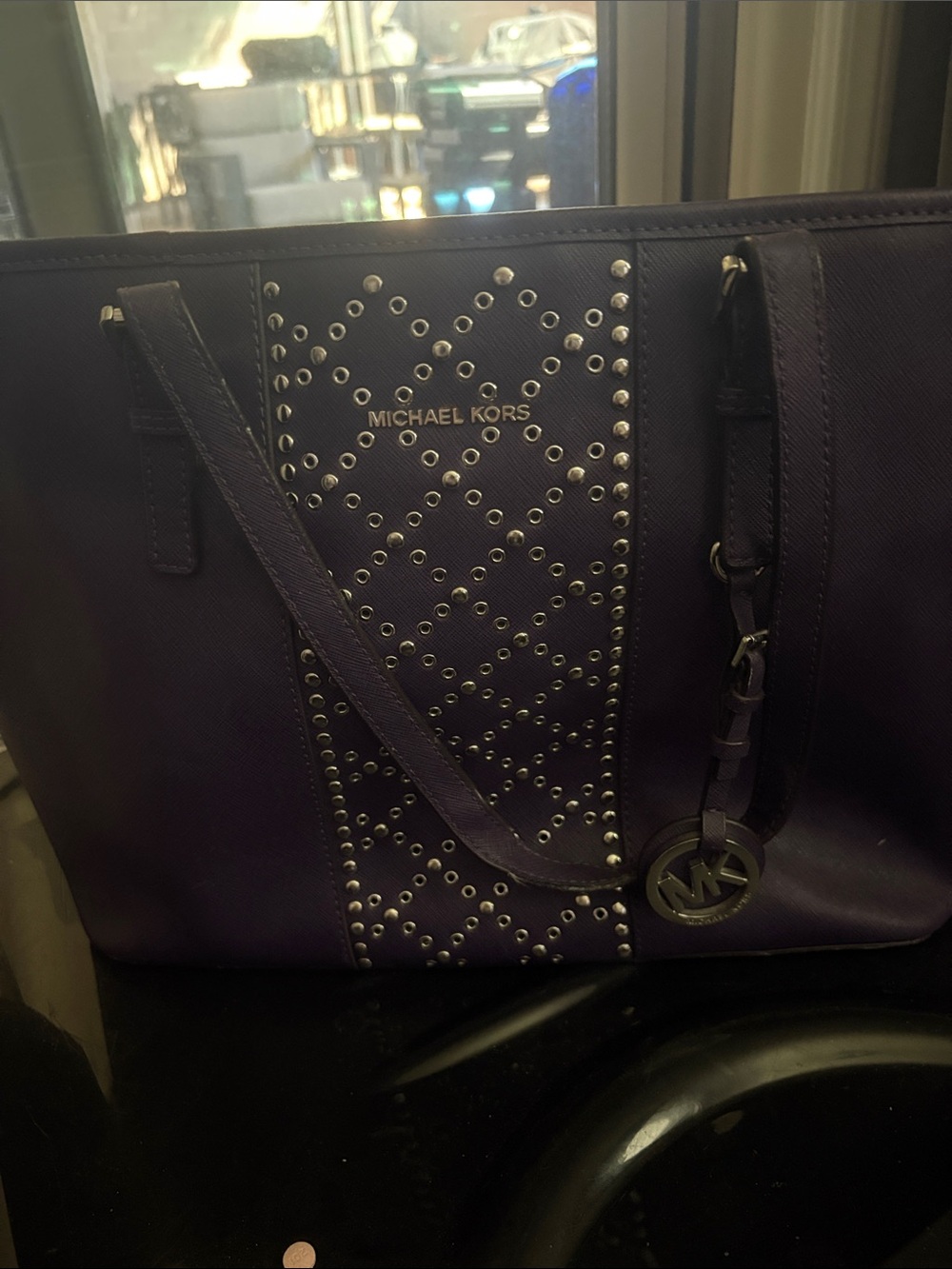 Michael Kors Purple Studded Saffiano Tote with MK Charm